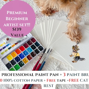 Premium Beginner Watercolor Bundle | Holbein/Schmincke 24-Pan+ 3 Professional Brushes + 100% Cotton Paper | No Money Wasted!