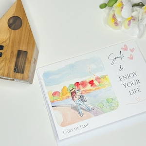 Carte Souriez et profitez de votre vie | Carte de voeux artistique aquarelle | Oeuvre d'art originale et de niche | Blanc à l'intérieur