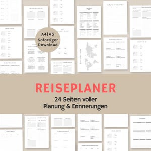May include: A printable travel planner with 24 pages, featuring a world map, packing list, budget planning, and itinerary sections. The planner is available in A4 and A5 sizes.