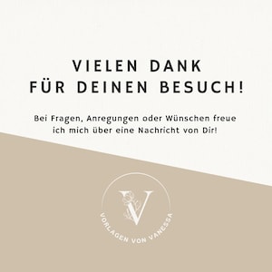 Puede incluir: Un gr&aacute;fico de texto blanco sobre un fondo beige dice "VIELEN DANK F&Uuml;R DEINEN BESUCH!"  Debajo del texto hay un c&iacute;rculo blanco con una letra "V" estilizada floral en el interior. El c&iacute;rculo tambi&eacute;n tiene el texto "VORLAGEN VON VANESSA" alrededor del exterior.