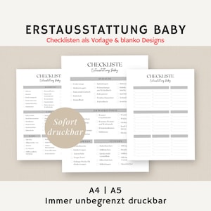 May include: Three printable checklists for a baby's first outfit. The checklists are titled "Clothing", "At Home", and "At the Changing Table". The checklists are in a gray and white color scheme and have a minimalist design.