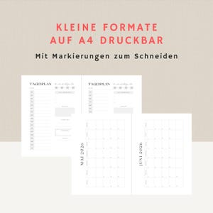 K&ouml;nnte beinhalten: Druckbare Planerseiten mit minimalistischem Design. Sie enthalten Tagespl&auml;ne und Monatskalender f&uuml;r Mai und Juni 2026. Der Text "KLEINE FORMATE AUF A4 DRUCKBAR" und "Mit Markierungen zum Schneiden" sind sichtbar.