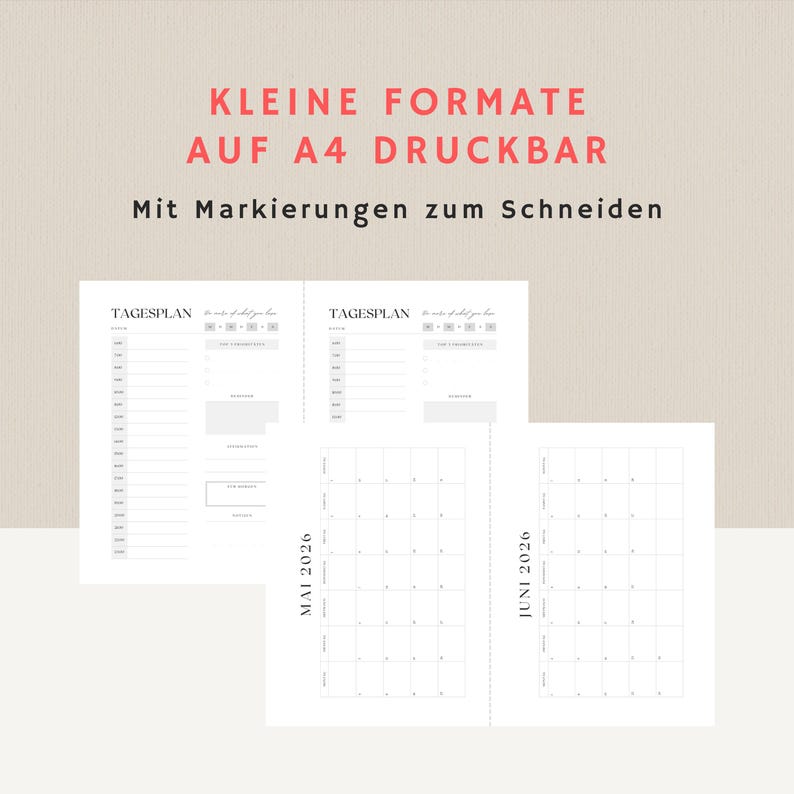 K&ouml;nnte beinhalten: Druckbare Planerseiten mit minimalistischem Design. Sie enthalten Tagespl&auml;ne und Monatskalender f&uuml;r Mai und Juni 2026. Der Text "KLEINE FORMATE AUF A4 DRUCKBAR" und "Mit Markierungen zum Schneiden" sind sichtbar.