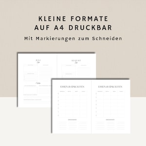May include: Printable A4 planner pages for July and August with sections for appointments, to-do lists, and meal planning. The pages include the text "KLEINE FORMATE AUF A4 DRUCKBAR Mit Markierungen zum Schneiden" at the top.