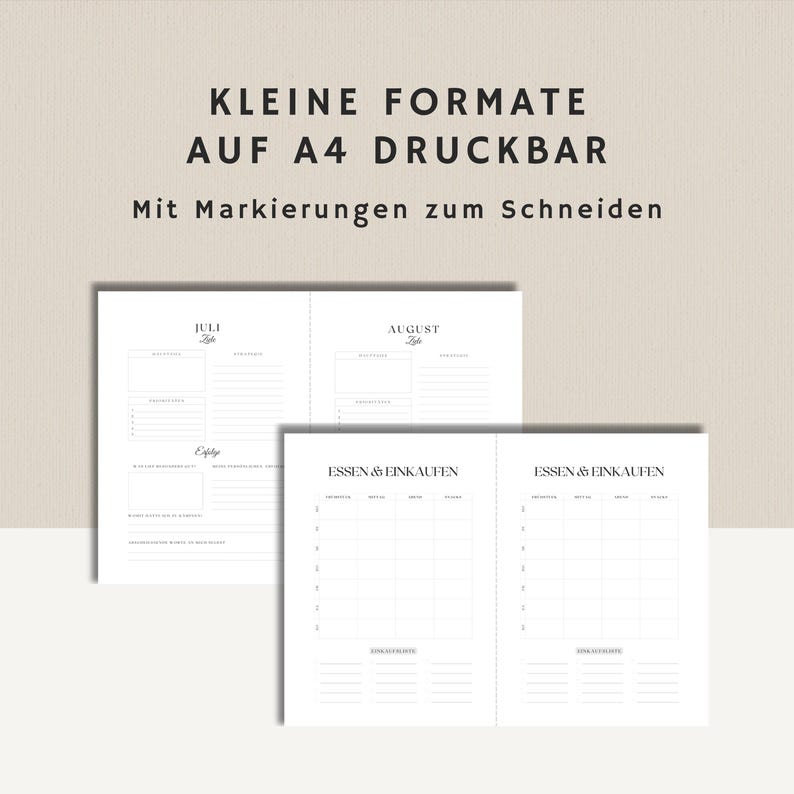 May include: Printable A4 planner pages for July and August with sections for appointments, to-do lists, and meal planning. The pages include the text "KLEINE FORMATE AUF A4 DRUCKBAR Mit Markierungen zum Schneiden" at the top.