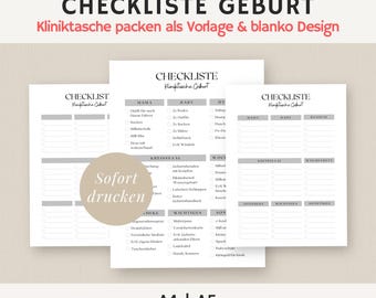 Birth checklist | Birth hospital bag | Birth packing list | German | to print | A4 A5 PDF