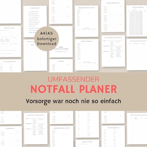 Könnte beinhalten: Ein druckbarer Notfallplaner in Schwarzweiß mit dem Titel "UMFASSENDER NOTFALL PLANER" und dem Text "Vorsorge war noch nie so einfach". Der Planer enthält Abschnitte für medizinische Informationen, wichtige Dokumente, Kontakte und mehr.