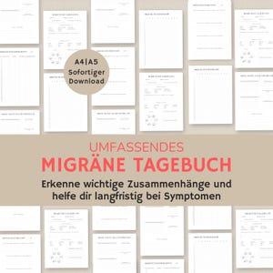 Op de afbeelding: Een printbaar migraine-dagboek in A4- of A5-formaat. Het dagboek is ontworpen om te helpen bij het bijhouden van migraine-symptomen en het identificeren van triggers. De tekst op de omslag luidt "UMFASSENDES MIGRÄNE TAGEBUCH" en "Erkenne wichtige Zusammenhänge und helfe dir langfristig bei Symptomen".