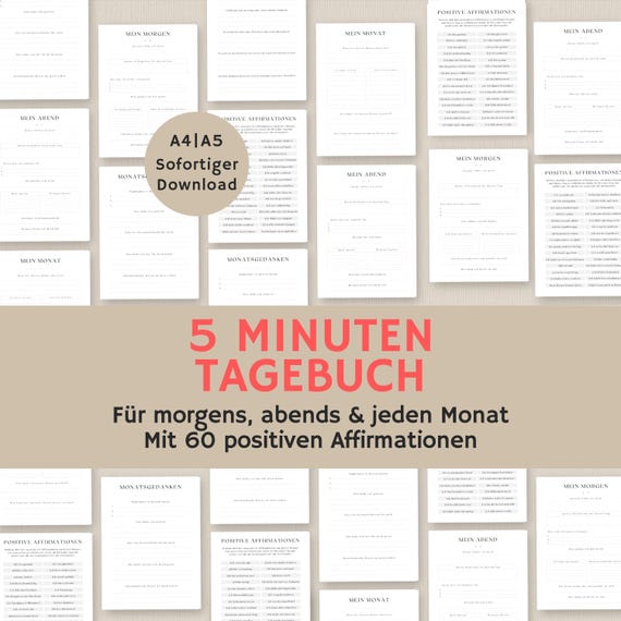 5 Minuten Tagebuch deutsch | 5 Minuten journal | 5 Minuten Tagebuch pdf | A4 A5 pdf | zum ausdrucken