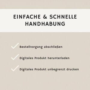 Pu&ograve; includere: Sfondo beige con il testo nero "EINFACHE & SCHNELLE HANDHABUNG". Sotto, tre punti elenco con testo tedesco: "Bestellvorgang abschlie&szlig;en", "Digitales Produkt herunterladen" e "Digitales Produkt unbegrenzt drucken".