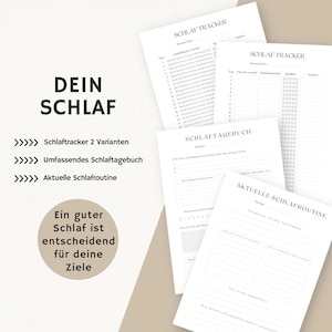 May include: A printable sleep tracker and journal set with the text "Dein Schlaf" (German for "Your Sleep") and the words "Schlaftracker 2 Varianten", "Umfassendes Schlaftagebuch", and "Aktuelle Schlafroutine".