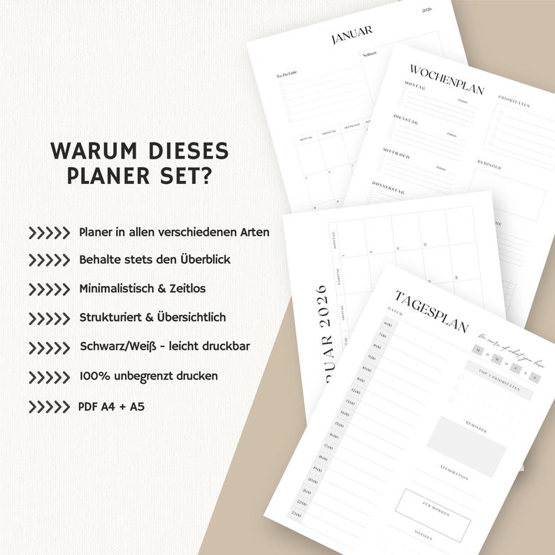 K&ouml;nnte beinhalten: Eine Sammlung wei&szlig;er Planerseiten mit minimalistischen Designs. Die Seiten enthalten einen Wochenplaner, einen Tagesplan und eine Kalenderseite. Texte auf den Seiten sind "JANUAR", "WOCHENPLAN" und "TAGESPLAN". Der Text "WARUM DIESES PLANER SET?" ist ebenfalls sichtbar.