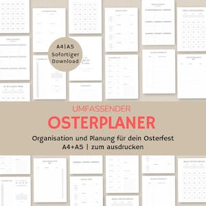 May include: A printable Easter planner in A4 and A5 sizes. The planner includes checklists, to-do lists, and a budget tracker. The text on the planner says "Umfassender Osterplaner" and "Organisation und Planung für dein Osterfest A4+A5 | zum ausdrucken".