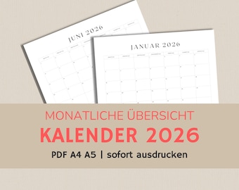 2026 printable calendar | German calendar template | A4 A5 PDF wall calendar | Minimalist