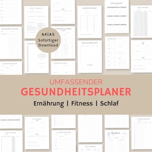 May include: A printable health planner in black and white with the text "UMFASSENDER GESUNDHEITSPLANER Ern&auml;hrung | Fitness | Schlaf" in red. The planner includes pages for tracking sleep, water intake, meals, exercise, and more.