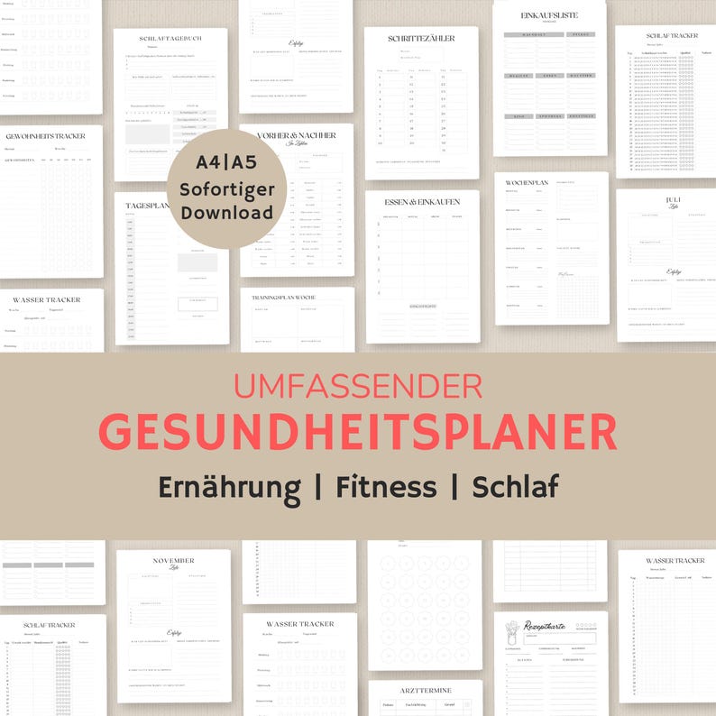 May include: A printable health planner in black and white with the text "UMFASSENDER GESUNDHEITSPLANER Ern&auml;hrung | Fitness | Schlaf" in red. The planner includes pages for tracking sleep, water intake, meals, exercise, and more.