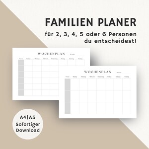 May include: Two printable weekly planner templates for families. Each template has a blank grid with columns for each day of the week and rows for up to six people. The text "WOCHENPLAN" is at the top of each template, which translates to "Weekly Planner" in English.