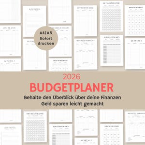 Peut inclure: Plusieurs pages de planificateur budgétaire imprimables en noir et blanc. Les pages comprennent des sections pour les aperçus mensuels, le suivi des dépenses et les défis d'épargne. Le texte comprend "2026 BUDGETPLANER" et "A4/A5 Sofort drucken".