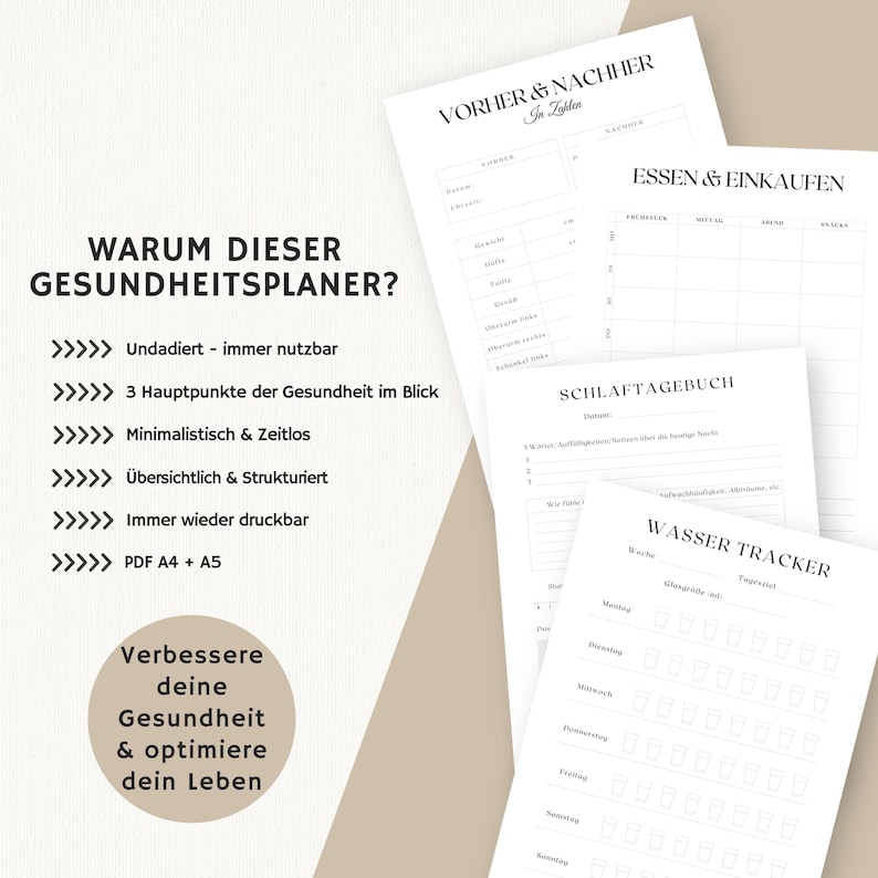 May include: A printable health planner with the title "WARUM DIESER GESUNDHEITSPLANER?" and a list of reasons why it is useful. The planner includes sections for tracking food, sleep, and water intake.