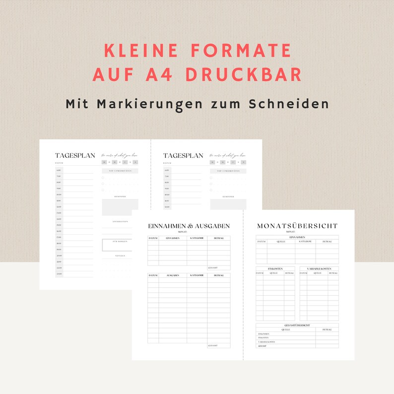 Pu&ograve; includere: Pagine di pianificazione stampabili in bianco e grigio, con il testo "KLEINE FORMATE AUF A4 DRUCKBAR" e "Mit Markierungen zum Schneiden". Le pagine includono sezioni per orari giornalieri, entrate, spese e panoramiche mensili.