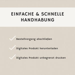 Puede incluir: Un rect&aacute;ngulo blanco con texto negro que dice "EINFACHE & SCHNELLE HANDHABUNG". Debajo del rect&aacute;ngulo hay tres marcas de verificaci&oacute;n con texto en alem&aacute;n. La primera marca de verificaci&oacute;n dice "Bestellvorgang abschlie&szlig;en", la segunda marca de verificaci&oacute;n dice "Digitales Produkt herunterladen" y la tercera marca de verificaci&oacute;n dice "Digitales Produkt unbegrenzt drucken".