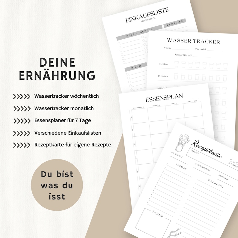 May include: A printable planner set for meal planning and tracking water intake. The set includes a weekly and monthly water tracker, a meal planner for seven days, shopping lists, and recipe cards. The text "DEINE ERN&Auml;HRUNG" is at the top of the page, which translates to "YOUR NUTRITION".