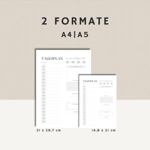 K&ouml;nnte beinhalten: Zwei wei&szlig;e Papierplaner, einer im A4-Format (21 x 29,7 cm) und einer im A5-Format (14,8 x 21 cm), werden gezeigt. Die Planer tragen den Text "TAGESPLAN" und enthalten Abschnitte f&uuml;r die Planung und Notizen. Der Text "2 FORMATE A4|A5" ist ebenfalls zu sehen.