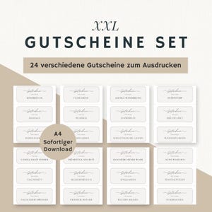 Puede incluir: Un conjunto de 24 vales de regalo imprimibles en un marco blanco con un borde gris. Los vales son para diversas actividades, como una noche de cine, una visita al zoológico y un paseo por el parque. El texto en los vales está en alemán.