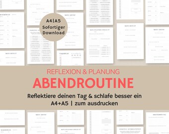 Può includere: Un set di pagine di pianificatore stampabili in bianco e nero per una routine serale. Le pagine includono sezioni per la pianificazione giornaliera, settimanale e mensile, nonché affermazioni positive e un controllo mensile. Il testo sulla pagina dice "A4/A5 Sofortiger Download" e "Reflexion & Planung Abendroutine Reflektiere deinen Tag & schlafe besser ein A4+A5 | zum ausdrucken".