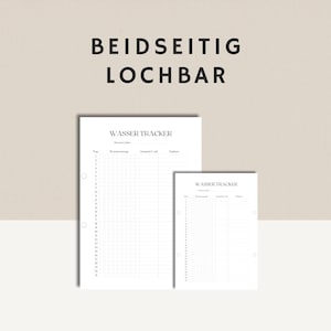 May include: Two printable water tracker pages with the text "WASSER TRACKER" at the top. The pages are designed to be punched and used in a binder. The text "BEIDSEITIG LOCHBAR" is at the top of the image.