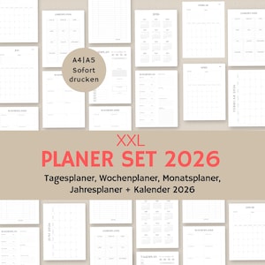 Könnte beinhalten: Eine Sammlung weißer Papierplaner-Seiten mit verschiedenen Layouts, darunter Monats- und Wochenkalender sowie Tagespläne. Der Text "XXL PLANER SET 2026" ist rot, mit deutschen Begriffen für Plantypen. Die Seiten sind im A4/A5-Format.