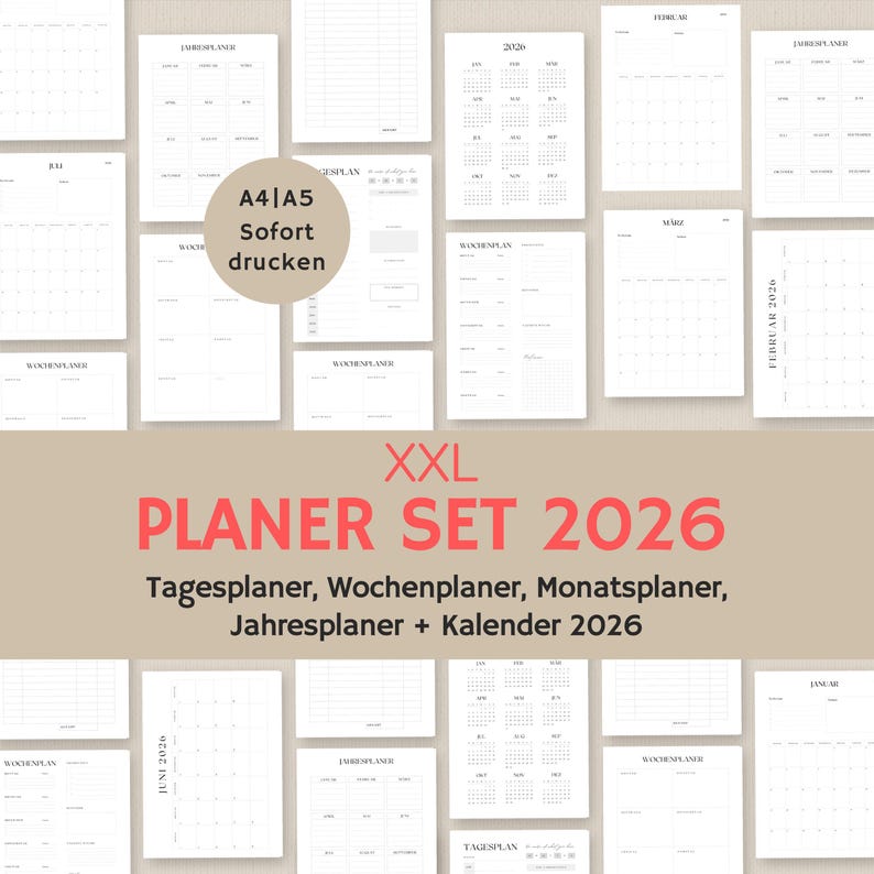 K&ouml;nnte beinhalten: Eine Sammlung wei&szlig;er Papierplaner-Seiten mit verschiedenen Layouts, darunter Monats- und Wochenkalender sowie Tagespl&auml;ne. Der Text "XXL PLANER SET 2026" ist rot, mit deutschen Begriffen f&uuml;r Plantypen. Die Seiten sind im A4/A5-Format.