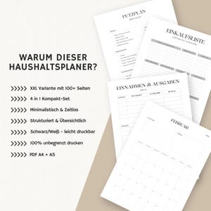 Pu&ograve; includere: Una raccolta di pagine di pianificazione stampate in bianco con testo nero. Le pagine includono un piano di pulizia, una lista della spesa, un tracker di entrate e spese e un calendario di febbraio. Il testo a sinistra recita "WARUM DIESER HAUSHALTSPLANER?" ed elenca le caratteristiche.