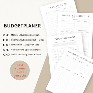 Pu&ograve; includere: Una raccolta di pianificatori di budget su carta bianca con testo nero. I pianificatori includono sezioni per panoramiche mensili, entrate e uscite e sfide di risparmio. Il testo include "Budget Planner" e "200&euro; Spar-Bingo". Una grafica circolare dice "Geld sparen leicht gemacht".