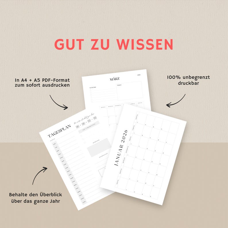 K&ouml;nnte beinhalten: Drei wei&szlig;e Papierplanerbl&auml;tter mit dem Text "GUT ZU WISSEN" in Rot oben. Die Bl&auml;tter enthalten einen Tagesplaner, einen Monatskalender f&uuml;r M&auml;rz und einen Kalender f&uuml;r Januar 2026. Text auf den Bl&auml;ttern enth&auml;lt "In A4 + A5 PDF-Format zum sofort ausdrucken" und "Behalte den &Uuml;berblick &uuml;ber das ganze Jahr."