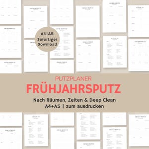 May include: Printable spring cleaning checklist in A4 and A5 sizes. The checklist includes sections for cleaning tasks, times, and deep cleaning. The text on the checklist reads "Putzplaner Frühjahrs putz" and "Nach Räumen, Zeiten & Deep Clean A4+A5 | zum ausdrucken".