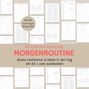 Könnte beinhalten: Ein druckbarer Satz von schwarz-weißen Planerseiten für eine Morgenroutine. Die Seiten beinhalten Abschnitte für die tägliche, wöchentliche und monatliche Planung sowie positive Affirmationen und ein Schlaftagebuch. Der Text auf der Seite lautet "Reflexion & Planung Morgenroutine Starte motivierter & klarer in den Tag A4+A5 | zum ausdrucken".