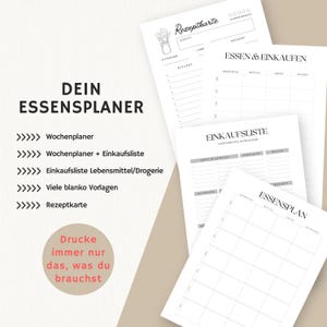 Pu&ograve; includere: Un insieme di fogli di carta bianchi con testo in tedesco, tra cui un pianificatore settimanale dei pasti, una lista della spesa e una scheda ricetta. Il testo "DEIN ESSENSPLANER" &egrave; ben visibile, insieme ad altre frasi tedesche.