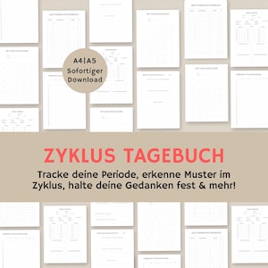 Könnte beinhalten: Eine Collage aus druckbaren Seiten für ein Zyklus-Tagebuch. Die Seiten sind weiß mit schwarzem Text und Linien. Der Text auf der Seite lautet "Zyklus Tagebuch". Der Text darunter lautet "Tracke deine Periode, erkenne Muster im Zyklus, halte deine Gedanken fest & mehr!"