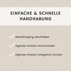 K&ouml;nnte beinhalten: Beigefarbener Hintergrund mit dem schwarzen Text "EINFACHE & SCHNELLE HANDHABUNG". Darunter drei Aufz&auml;hlungspunkte mit deutschem Text: "Bestellvorgang abschlie&szlig;en", "Digitales Produkt herunterladen" und "Digitales Produkt unbegrenzt drucken".