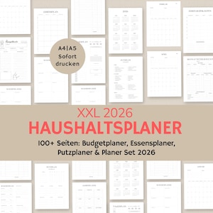 Pu&ograve; includere: Una collezione di pagine di pianificazione in carta bianca con vari layout, tra cui calendari, piani dei pasti e monitoraggio del budget. Il testo "XXL 2026 HAUSHALTSPLANER" &egrave; in rosso, con testo aggiuntivo sottostante. Le pagine sono disposte su uno sfondo marrone chiaro.