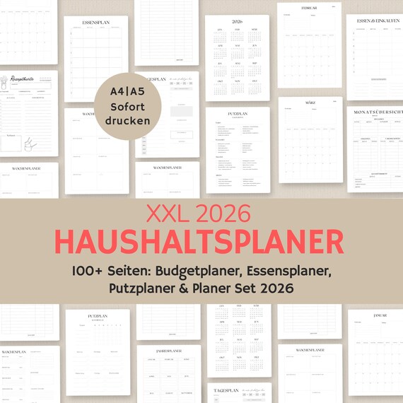 Haushaltsplaner pdf | Haushaltsbuch deutsch | Budgetplaner 2026 | Putzplan Vorlage | Essensplaner | A4 A5 zum ausdrucken