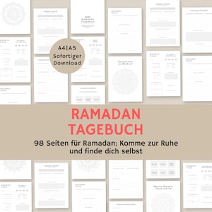 May include: A printable Ramadan journal with 98 pages. The cover features a white mandala design and the text "Ramadan Tagebuch" in red and black. The text "98 Seiten für Ramadan: Komme zur Ruhe und finde dich selbst" is also included in black.