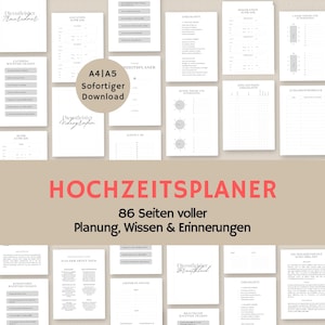 May include: A printable wedding planner with 86 pages of checklists, planning tips, and memory pages. The planner is available in A4 and A5 sizes. The text on the cover reads "Hochzeitsplaner 86 Seiten voller Planung, Wissen & Erinnerungen".