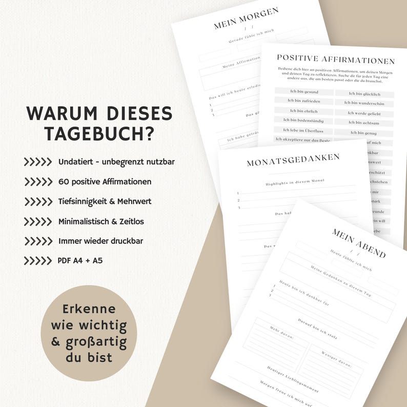 Puede incluir: Un diario imprimible con fondo blanco y texto negro. El diario est&aacute; dividido en secciones para la ma&ntilde;ana, la noche y las reflexiones mensuales. El texto de la portada dice "Warum dieses Tagebuch?" que se traduce como "&iquest;Por qu&eacute; este diario?" El diario presenta un dise&ntilde;o minimalista e incluye indicaciones para afirmaciones positivas, pensamientos mensuales y reflexiones diarias.