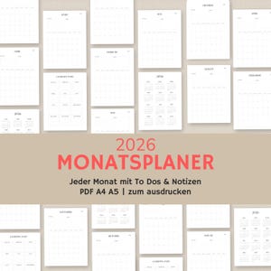 Könnte beinhalten: Eine Sammlung weißer Monatsplaner-Seiten für 2026. Der Text "2026 MONATSPLANER" ist rot, mit zusätzlichem Text darunter. Die Seiten sind auf einem hellbraunen Hintergrund angeordnet. Die Planerseiten sind in den Formaten A4 und A5.