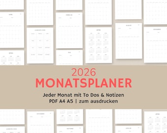 Printable 2026 monthly planner | Monthly calendar A4 A5 PDF | Calendar template German | Monthly overview with notes | Minimalist
