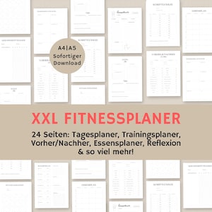 Op de afbeelding: Een printbare fitnessplanner met 24 pagina's. De planner bevat secties voor dagelijkse schema's, trainingsschema's, maaltijdplannen en reflectie. De planner is beschikbaar in A4 en A5 formaat.
