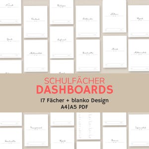 May include: A set of 17 printable school subject dashboards in black and white. The dashboards are designed for use with A4 or A5 paper and include a blank design option. The text on the dashboards reads "SCHULFÄCHER DASHBOARDS 17 Fächer + blanko Design A4/A5 PDF".