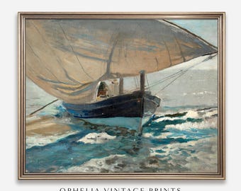 Vintage Sailboat Print, Neutral Coastal Decor, Printable Beach House Wall Art, Nautical Printable Art, Americana Decor, Fisherman Aesthetic